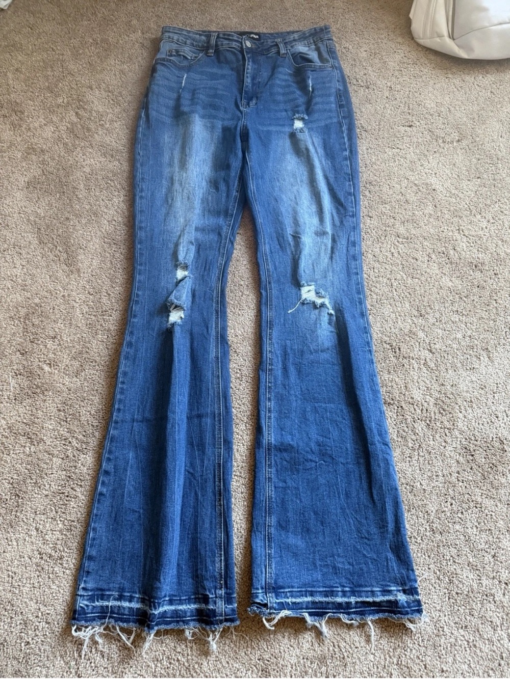 Fashion Nova Dark Blue Distressed Flare Jeans